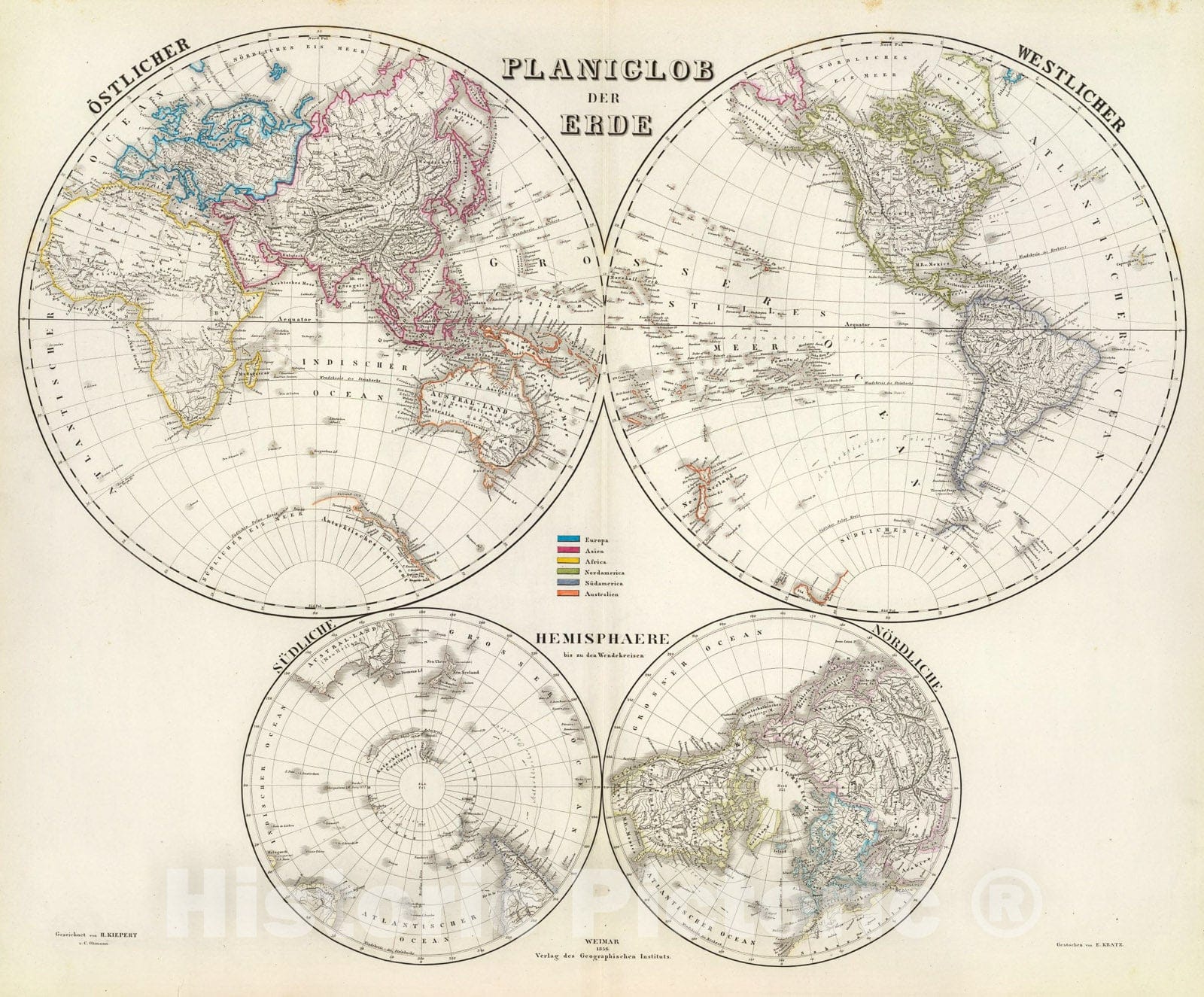 Historic Map : Planiglob der Erde., 1856, Vintage Wall Art