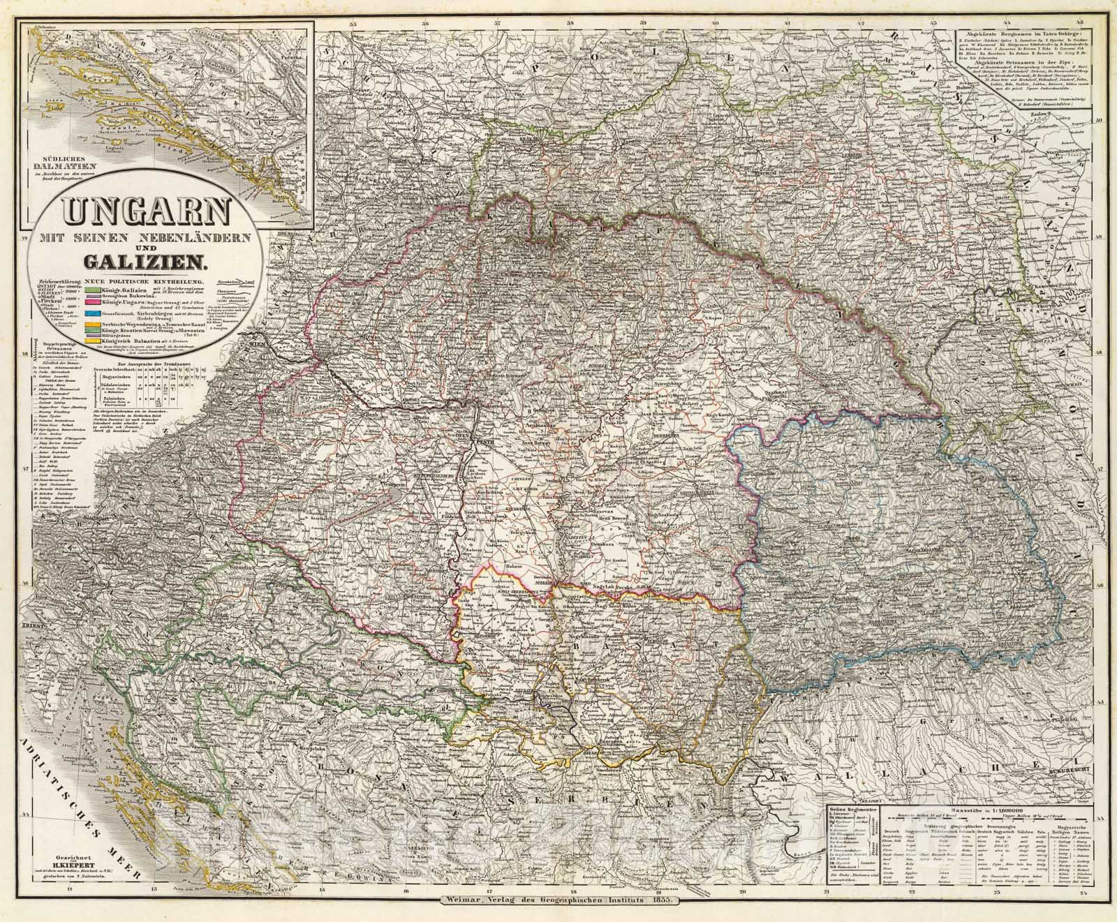 Historic Map : Ungarn, Galizien., 1855, Vintage Wall Art