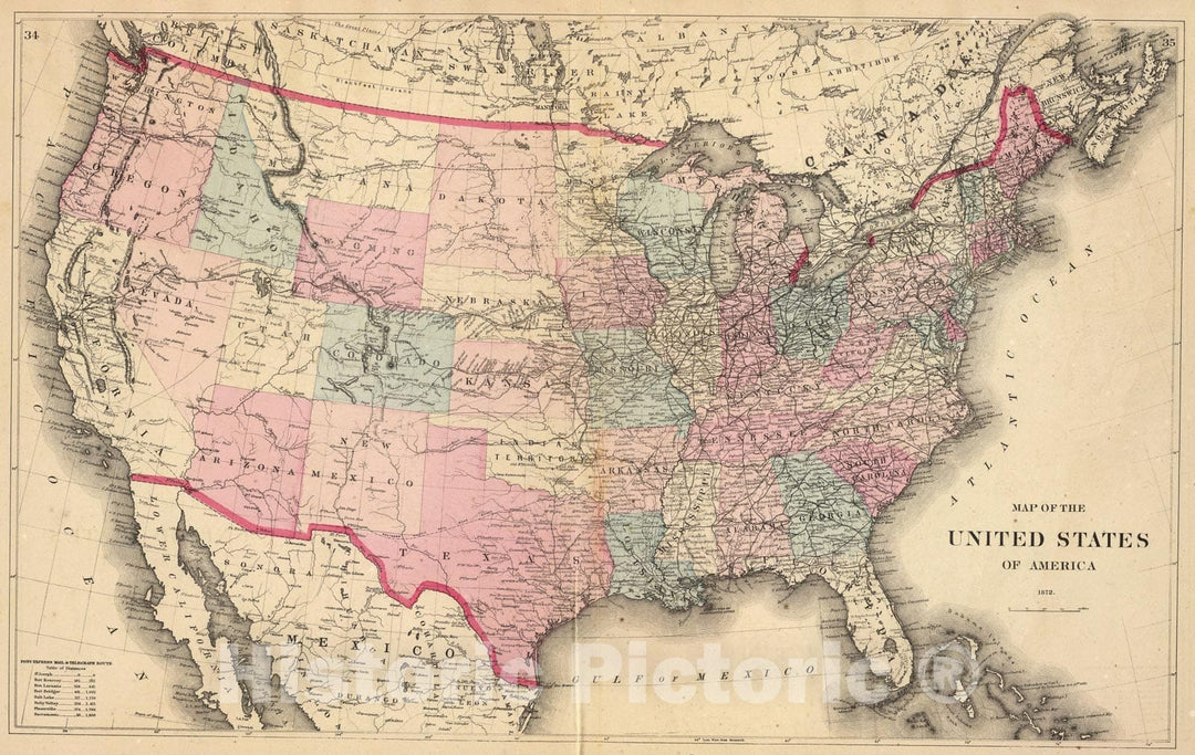 Historic Map : United States., 1872, Vintage Wall Art