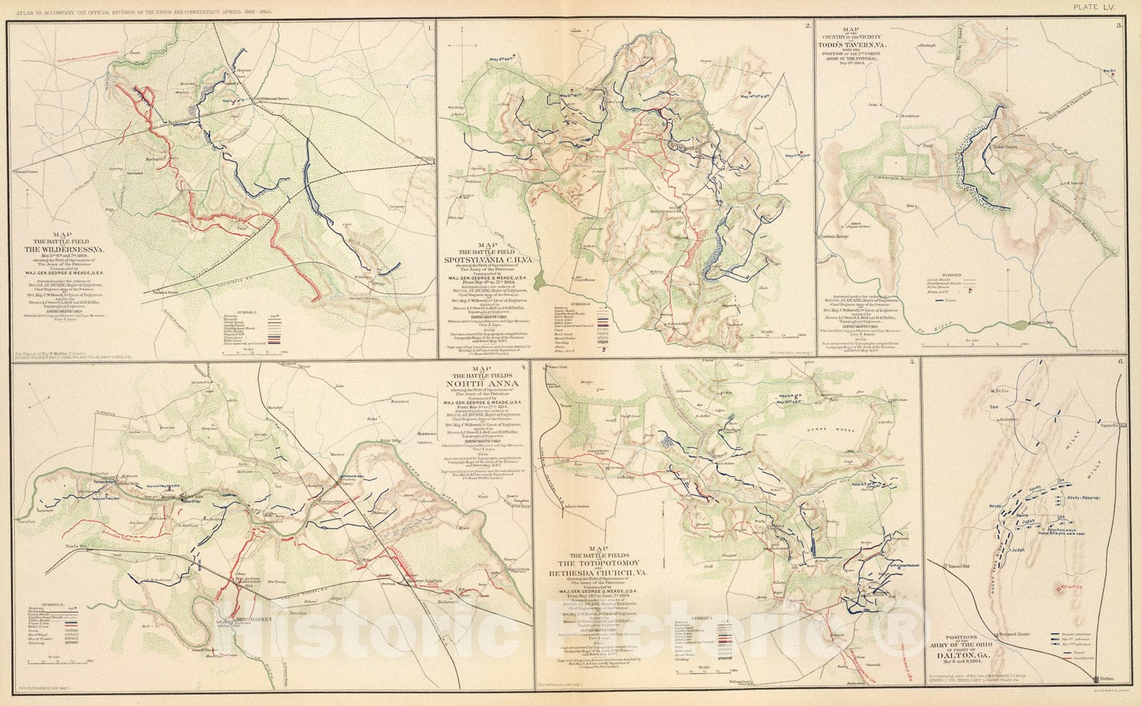 Historic Map : Wilderness, Va.; Spotsylvania C.H.; Todd's Tavern; North Anna; Totopotomoy, Bethesda Ch., Dalton, Ga., 1895, Vintage Wall Art
