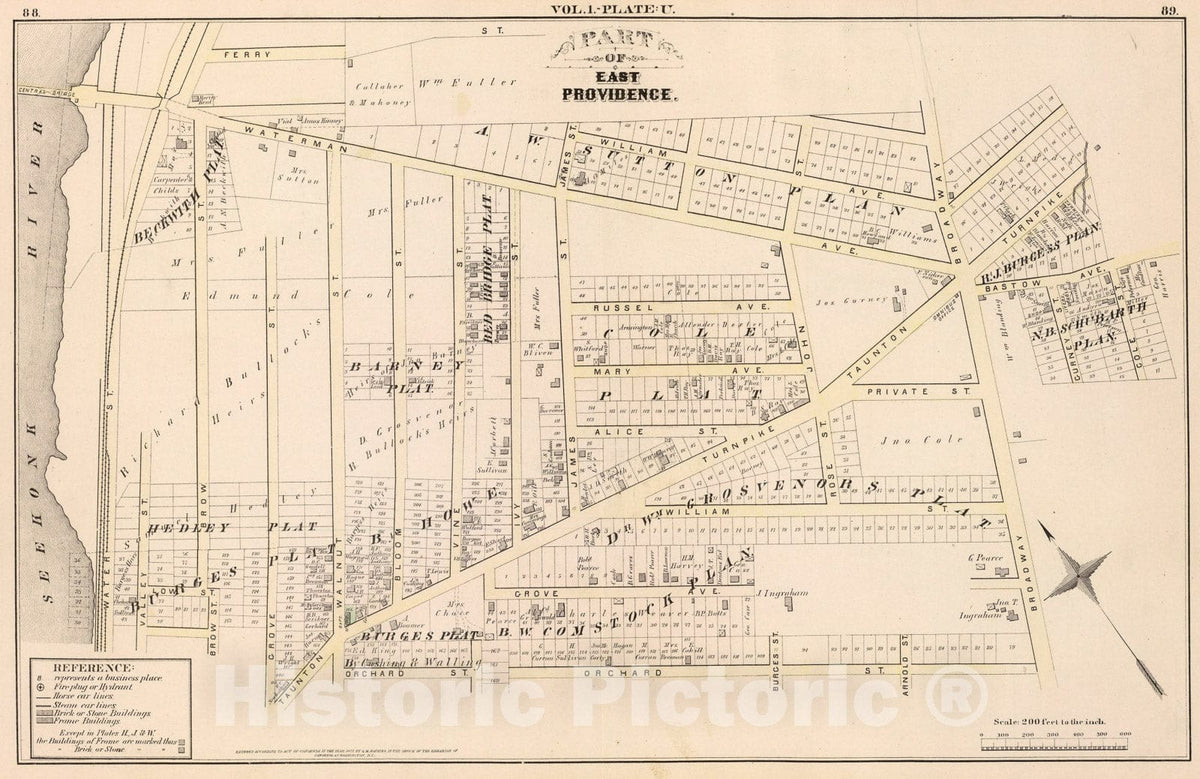 Historic Map : v.1 pl.U East Providence., 1875, Vintage Wall Art