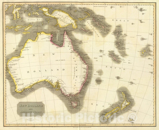 Historic Map : New Holland, Asiatic isles., 1814, Vintage Wall Art