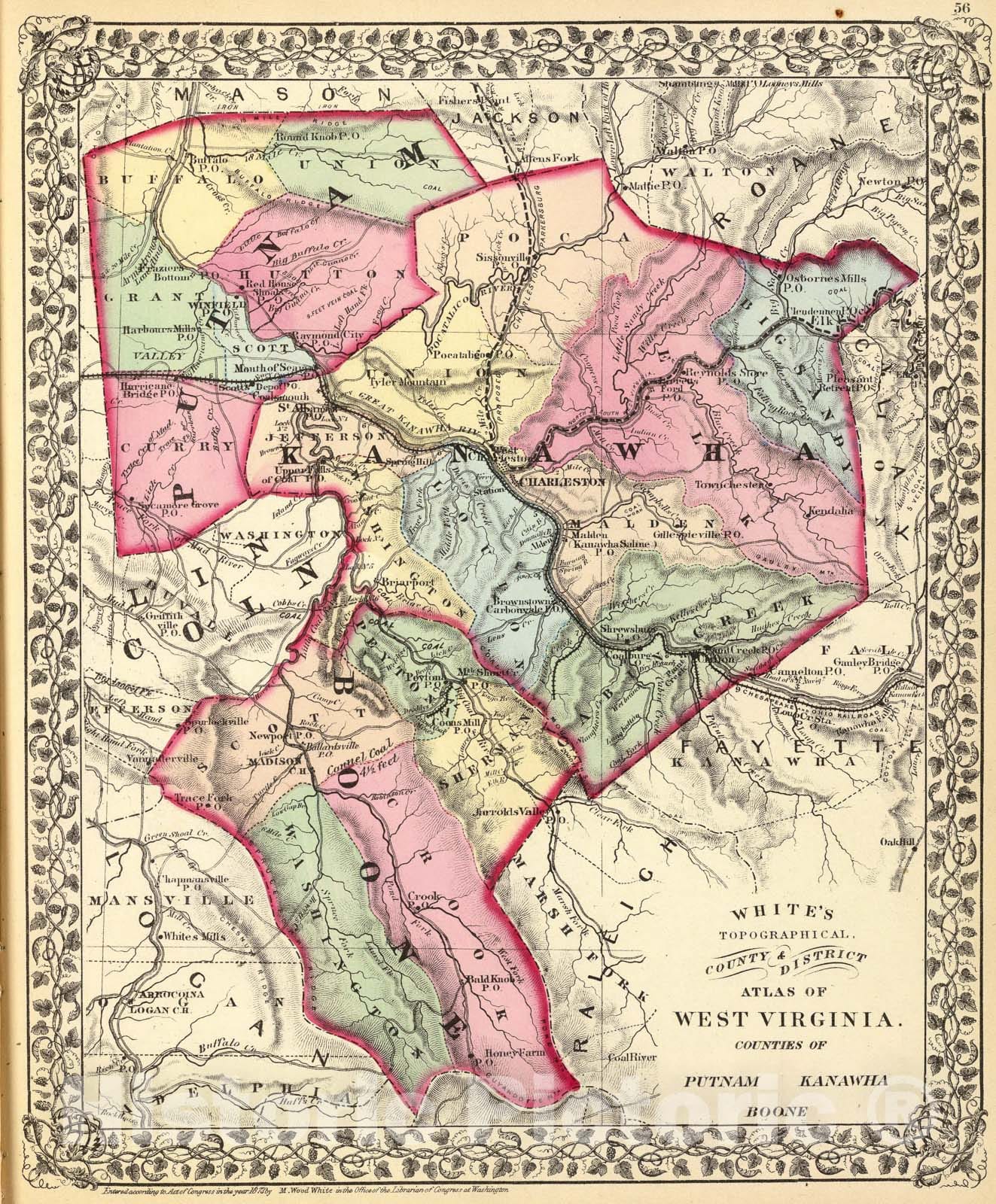 Historic Map : Putnam, Kanawha, Boone counties., 1873, Vintage Wall Art