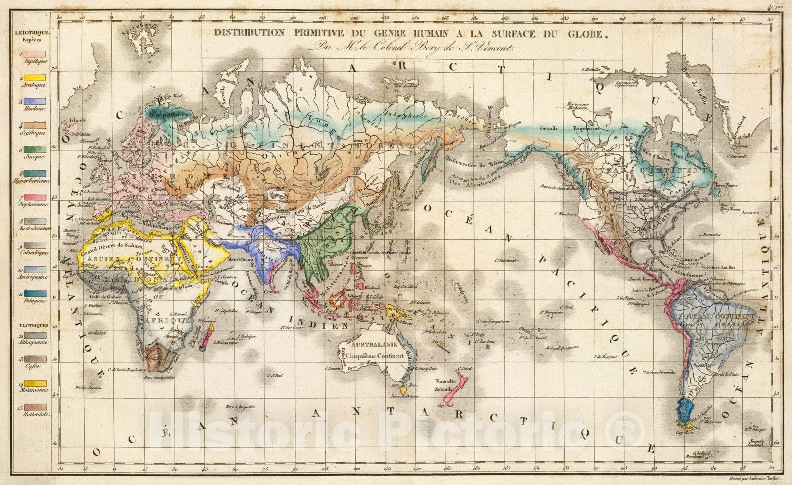 Historic Map : Distribution primitive du genre humain., 1827, Vintage Wall Art