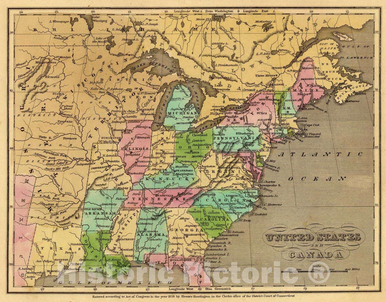 Historic Map : U.S., Canada., 1836, Vintage Wall Art