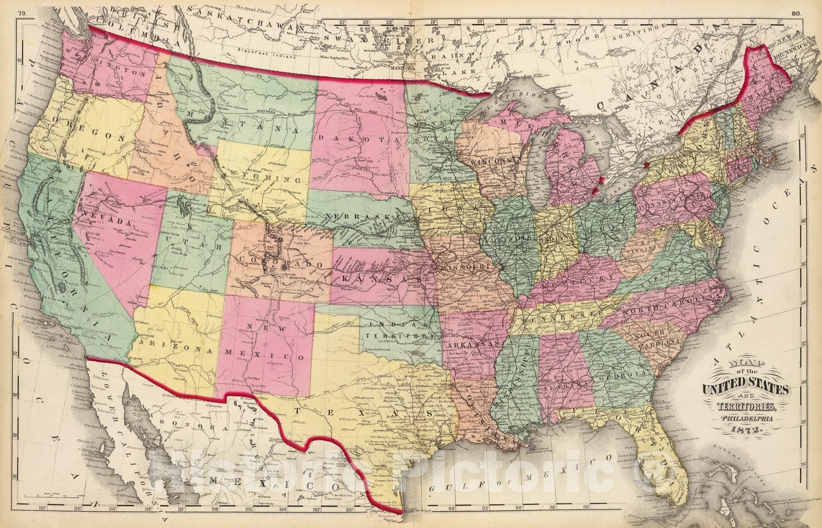 Historic Map : Map of the United States and Territories., 1873, Vintage Wall Art
