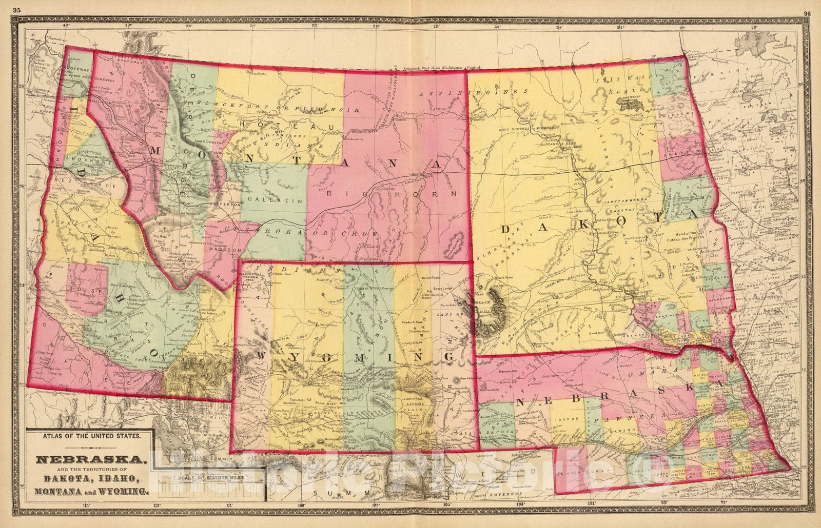 Historic Map : Nebraska, and the territories of Dakota, Idaho, Montana and Wyoming., 1873, Vintage Wall Art