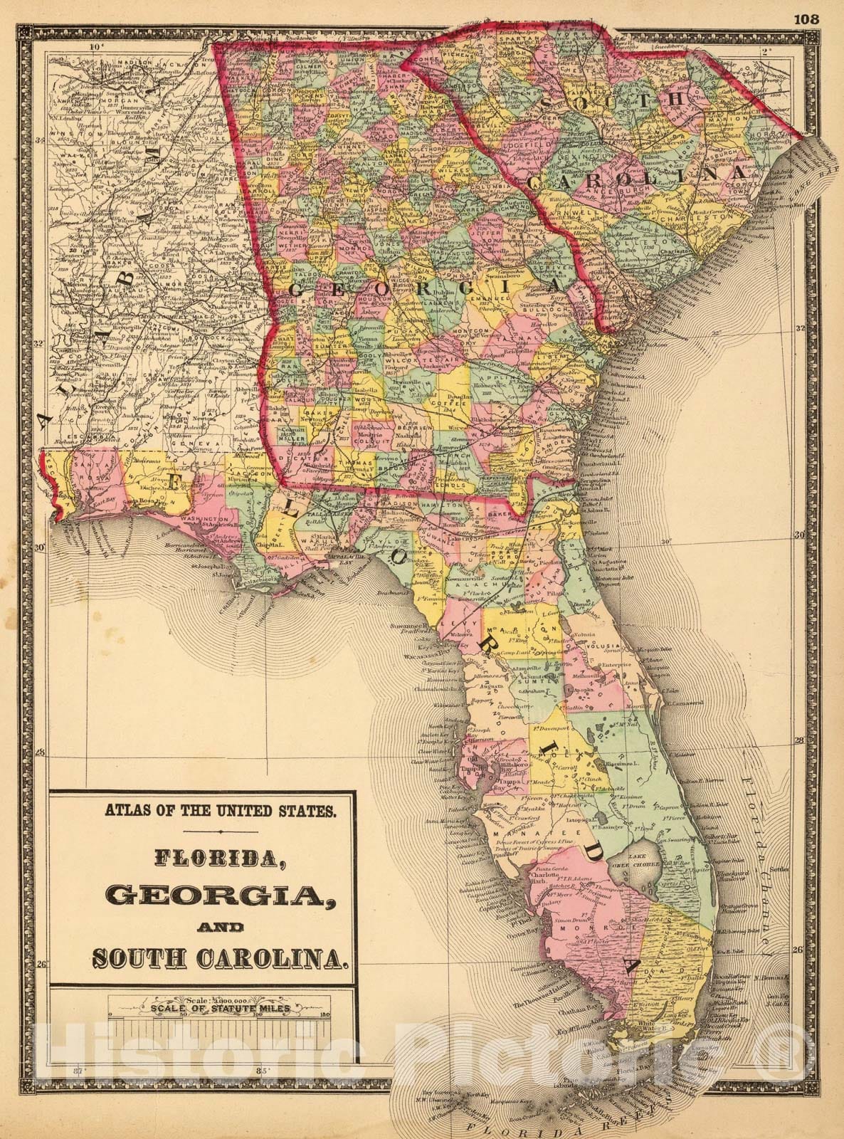 Historic Map : Florida, Georgia, and South Carolina., 1873, Vintage Wall Art