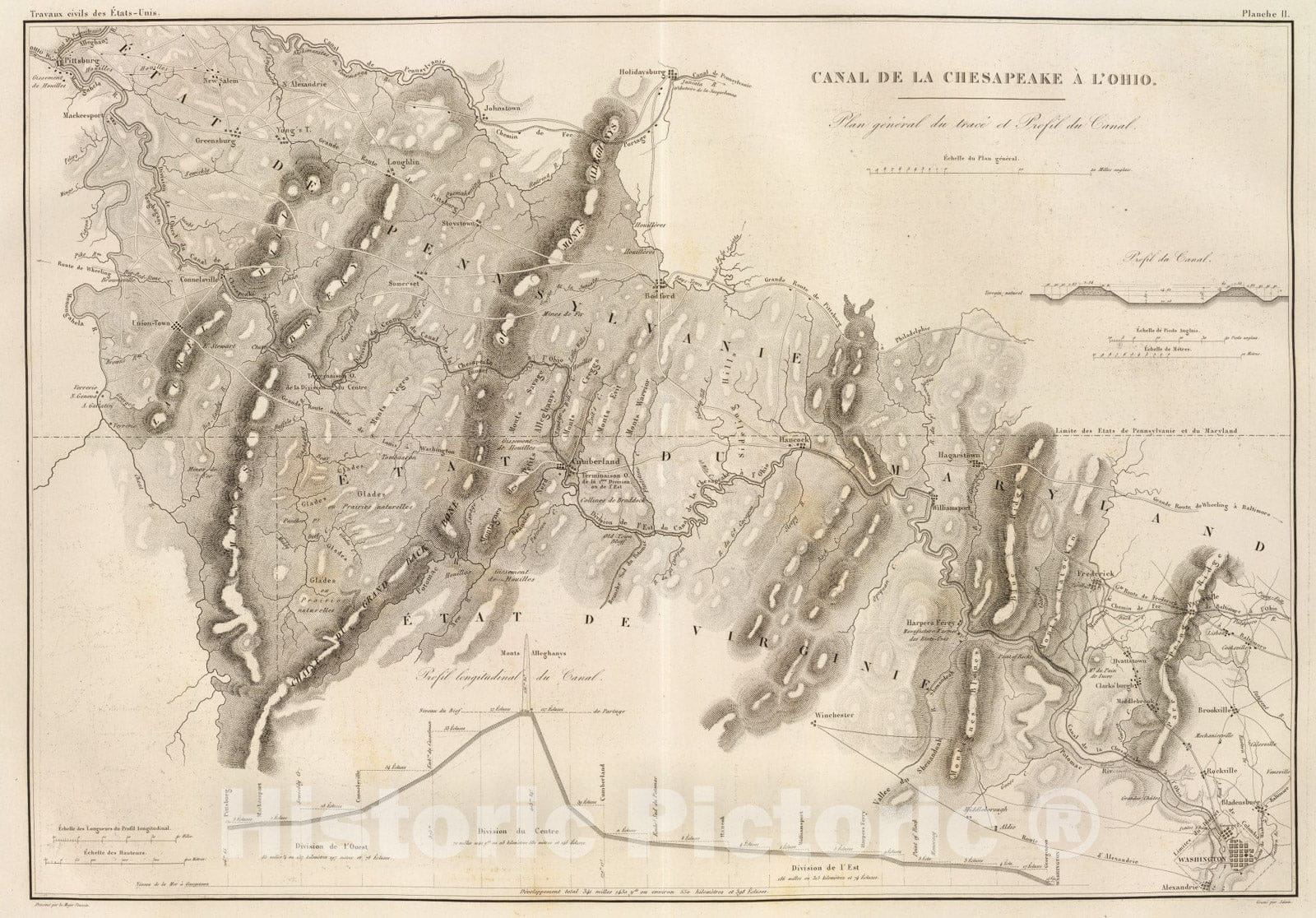 Historic Map : Canal de la Chesapeake a l'Ohio., 1834, Vintage Wall Art
