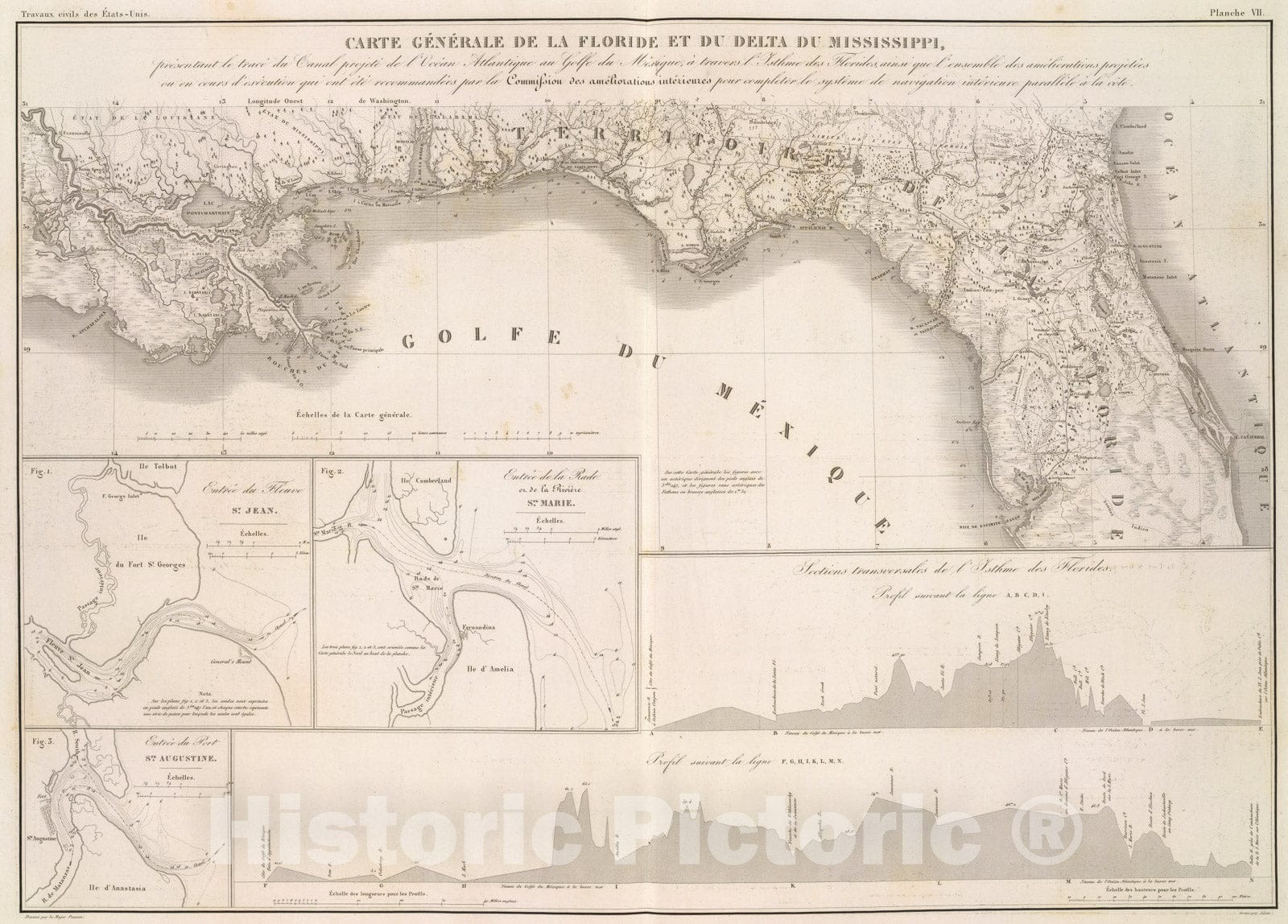 Historic Map : Floride, Delta du Mississippi canal., 1834, Vintage Wall Art