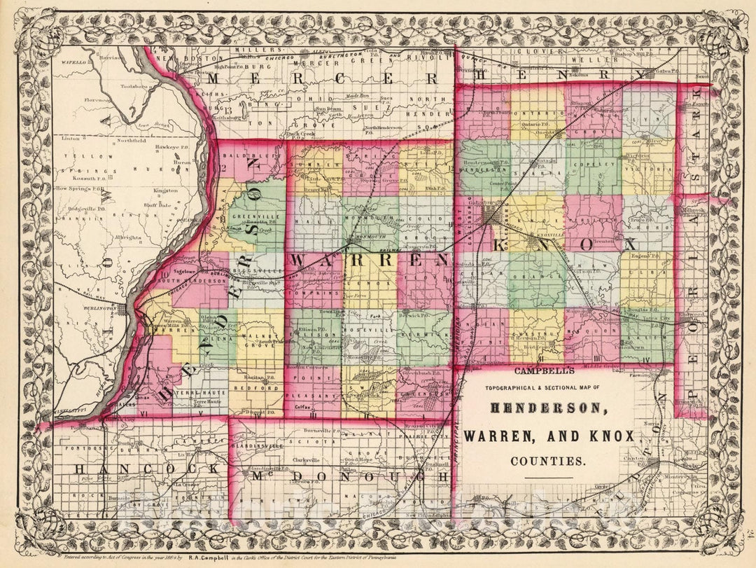 Historic Map : Henderson, Warren, Knox counties., 1870, Vintage Wall Art