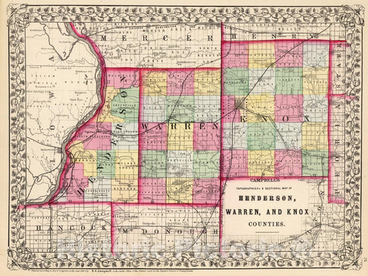 Historic Map : Henderson, Warren, Knox counties., 1870, Vintage Wall Art