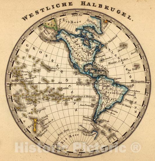 Historic Map : Westliche Halbkugel., 1852, Vintage Wall Art