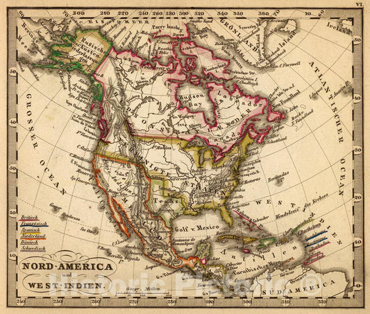 Historic Map : Nord-America; West-Indien., 1852, Vintage Wall Art