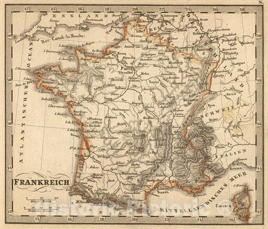 Historic Map : Frankreich., 1852, Vintage Wall Art