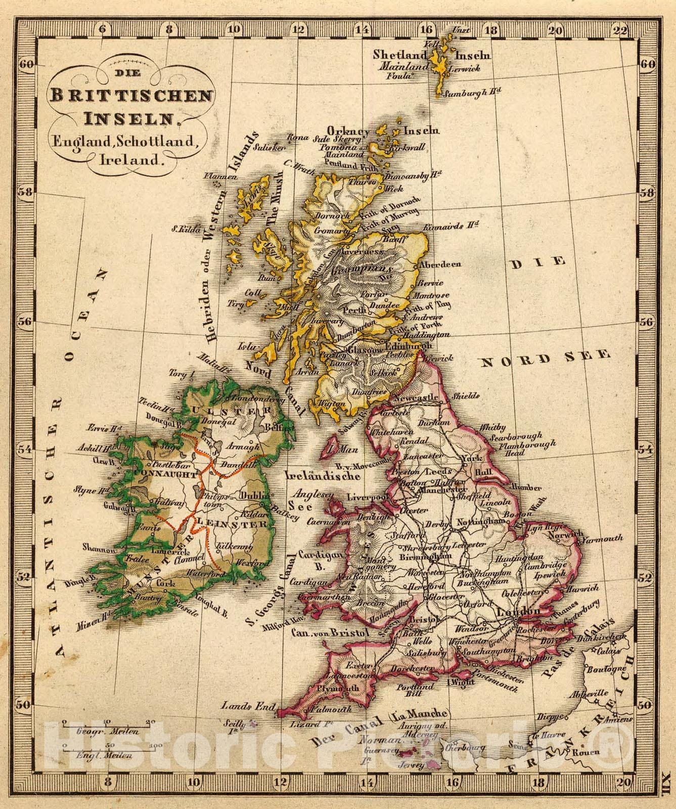 Historic Map : Brittischen Inseln., 1852, Vintage Wall Art