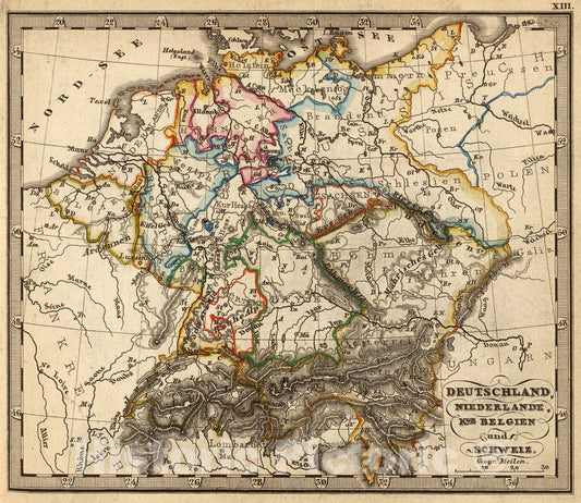Historic Map : Deutschland, Niederlande, Belgien, Schweiz., 1852, Vintage Wall Art