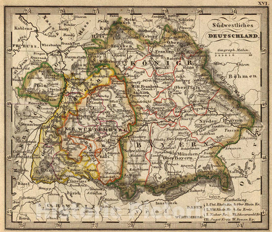 Historic Map : SW Deutschland., 1852, Vintage Wall Art