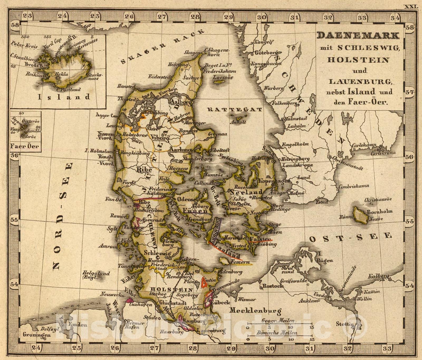 Historic Map : Daenemark, Schleswig, Holstein, Lauenburg, Island, Faer-Oer., 1852, Vintage Wall Art