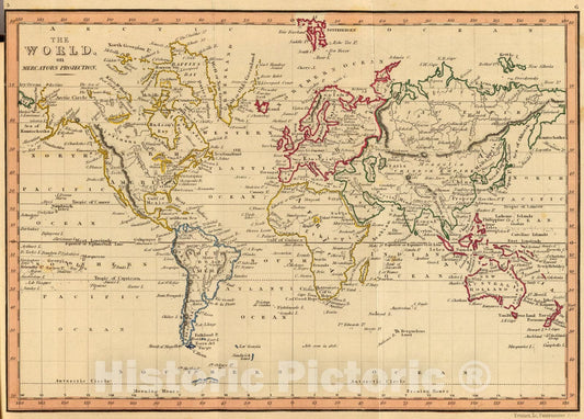 Historic Map : The World, Mercator's projection., 1835, Vintage Wall Art