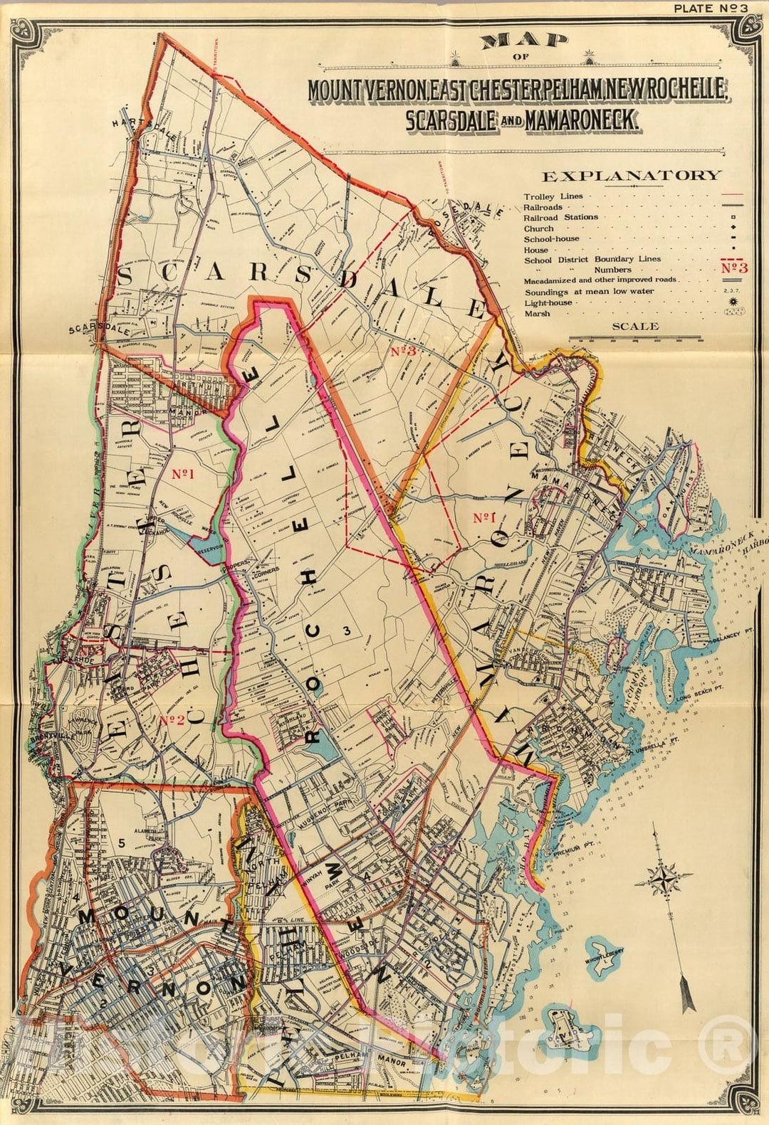 Historic Map : three Mt. Vernon, E. Chester, Pelham, New Rochelle, Scarsdale, Mamaroneck., 1900, Vintage Wall Art