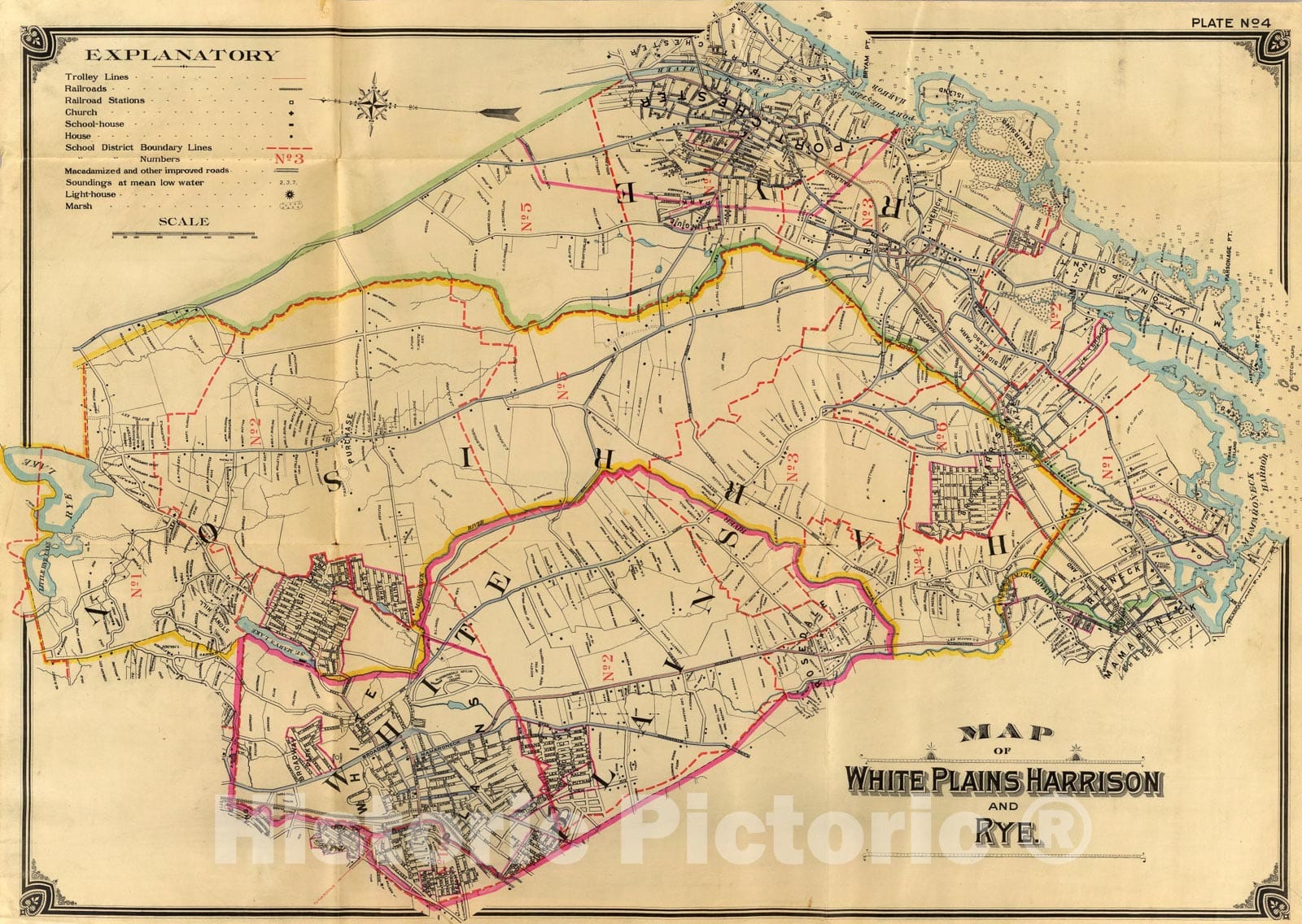 Historic Map : four White Plains, Harrison, Rye., 1900, Vintage Wall Art
