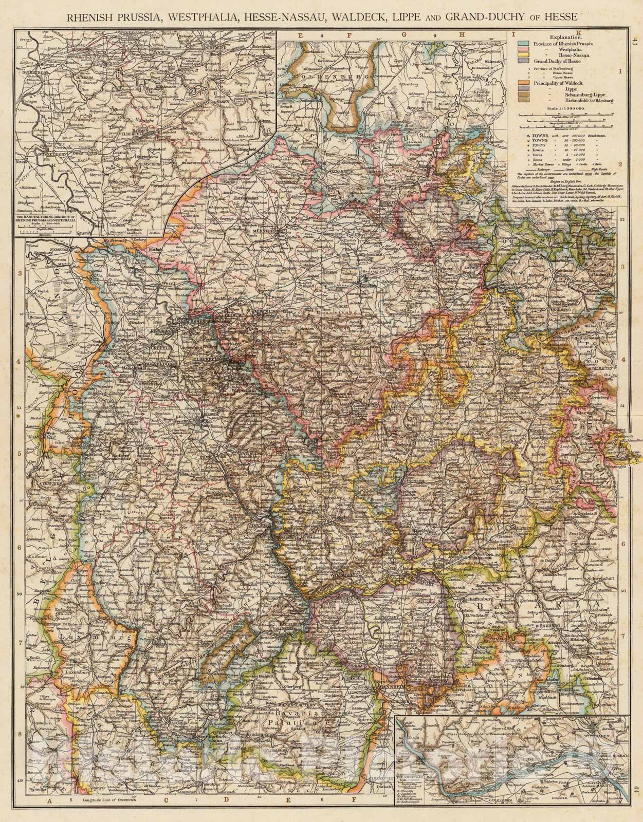 Historic Map : Rhenish Prussia, Westphalia, Hesse-Nassau, Waldeck, Lippe, Hesse., 1895, Vintage Wall Art
