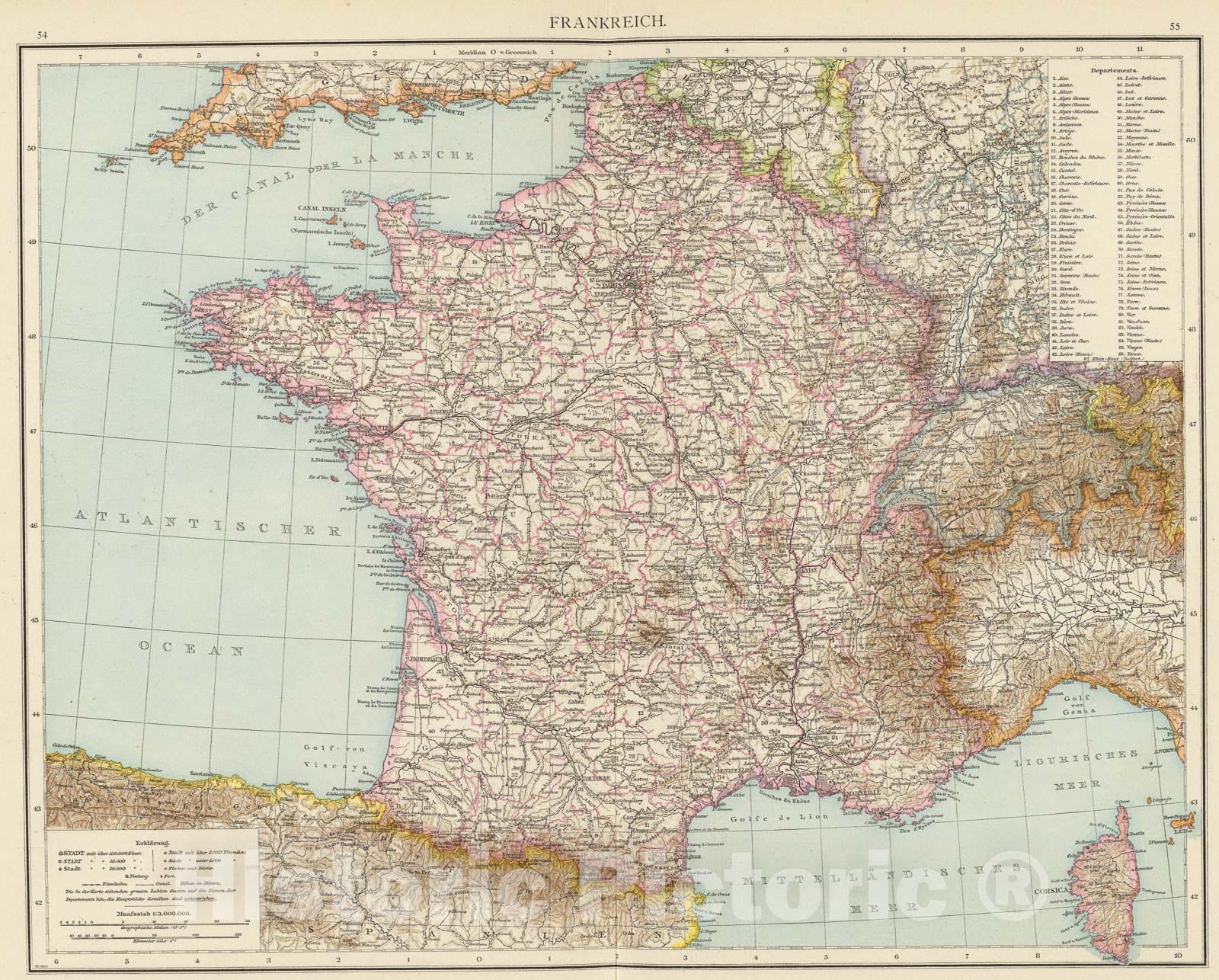 Historic Map : Frankreich., 1881, Vintage Wall Art