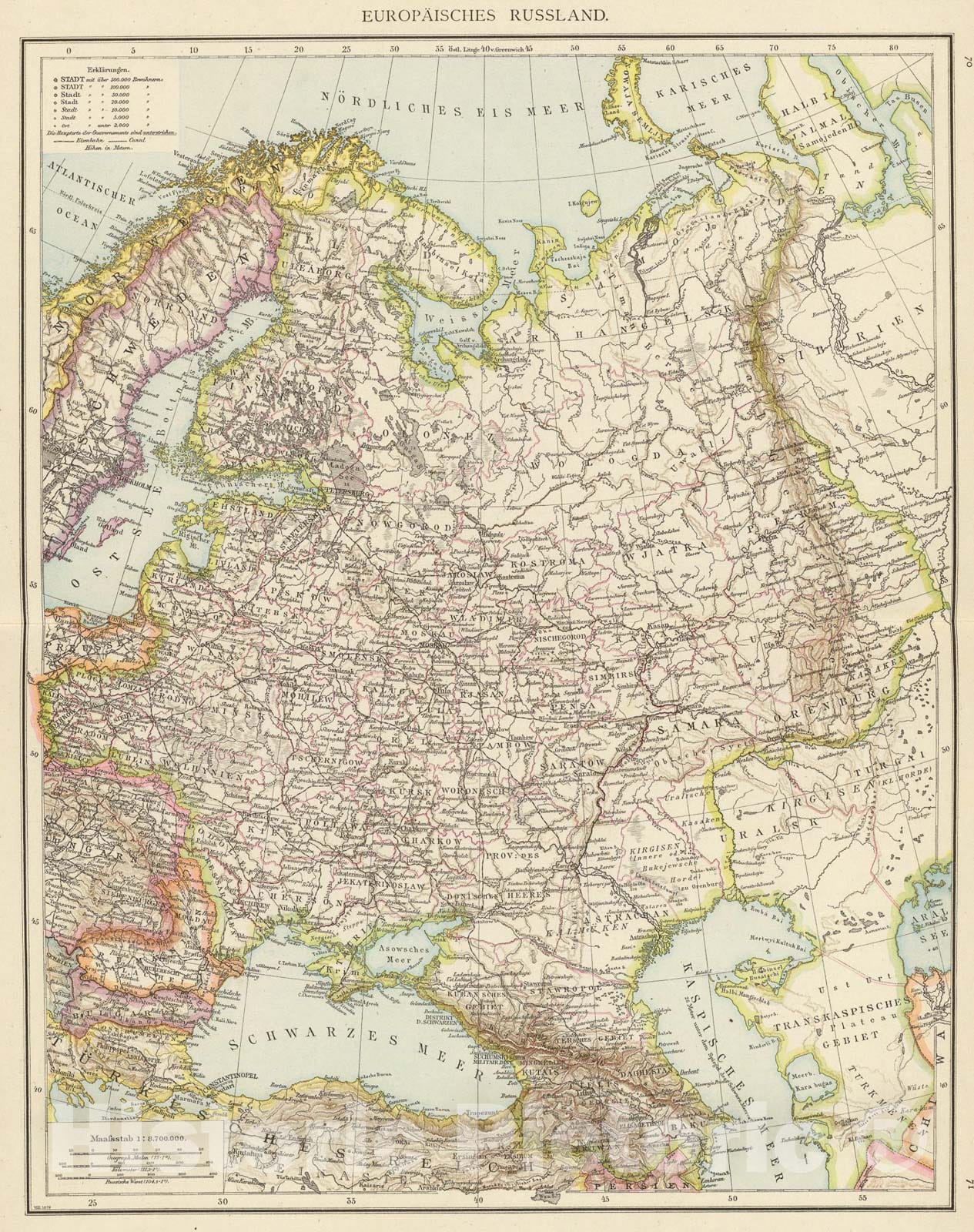 Historic Map : Europaisches Russland., 1881, Vintage Wall Art