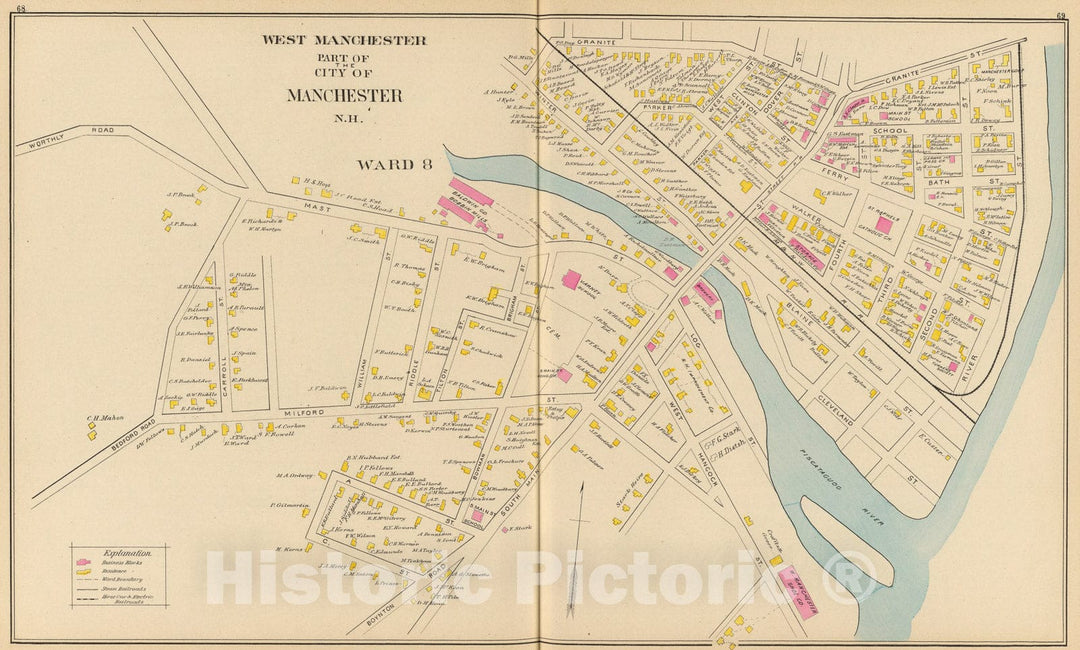 Historic Map : Manchester, N.H., W. Manchester, Ward 8., 1892, Vintage Wall Art