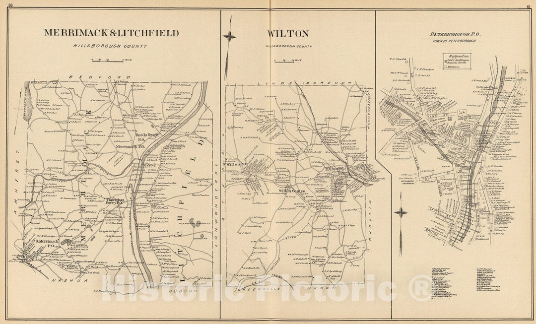 Historic Map : Merrimack, Litchfield, Wilton, Peterborough P.O., 1892, Vintage Wall Art