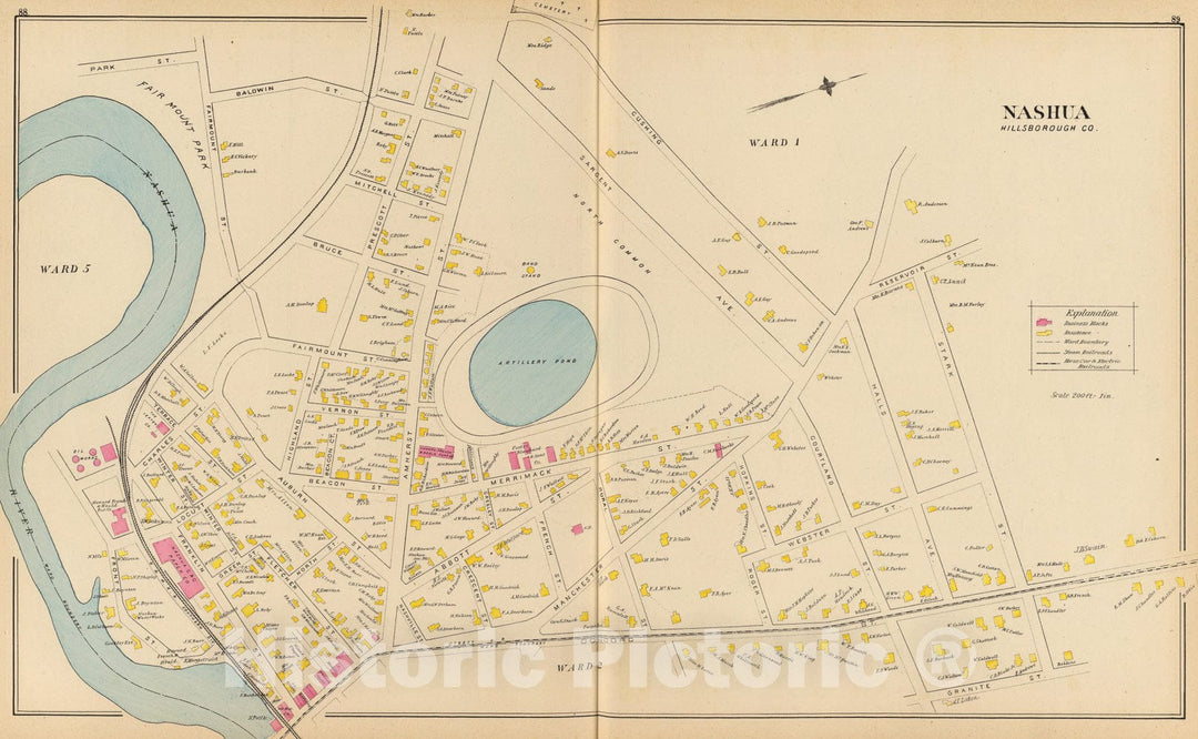 Historic Map : Nashua, Ward 1-2, 5., 1892, Vintage Wall Art