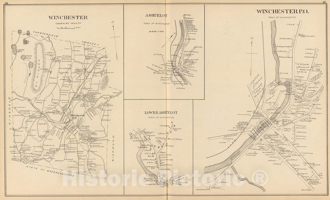 Historic Map : Winchester, Winchester P.O., 1892, Vintage Wall Art