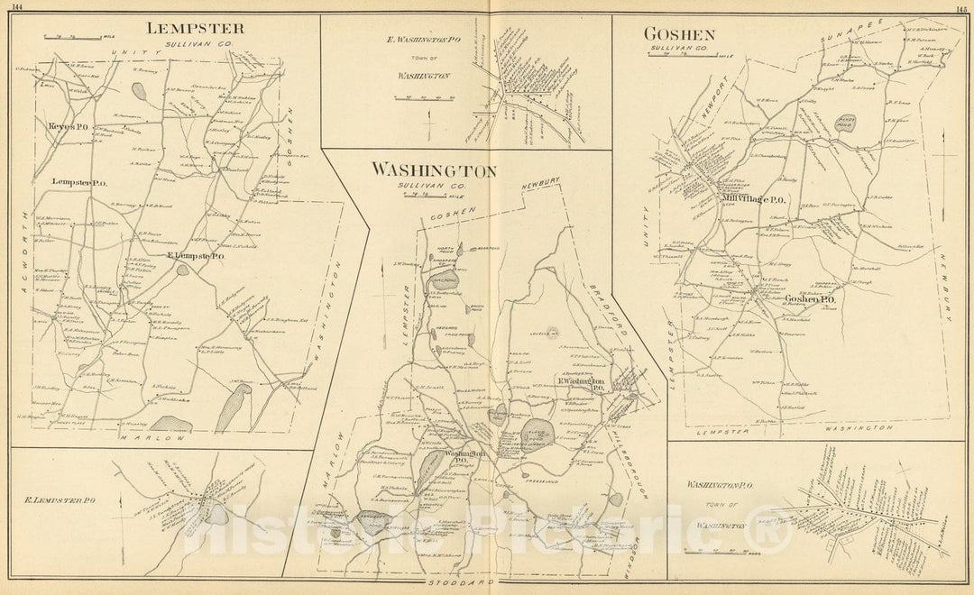 Historic Map : Lempster, Washington, Goshen., 1892, Vintage Wall Art