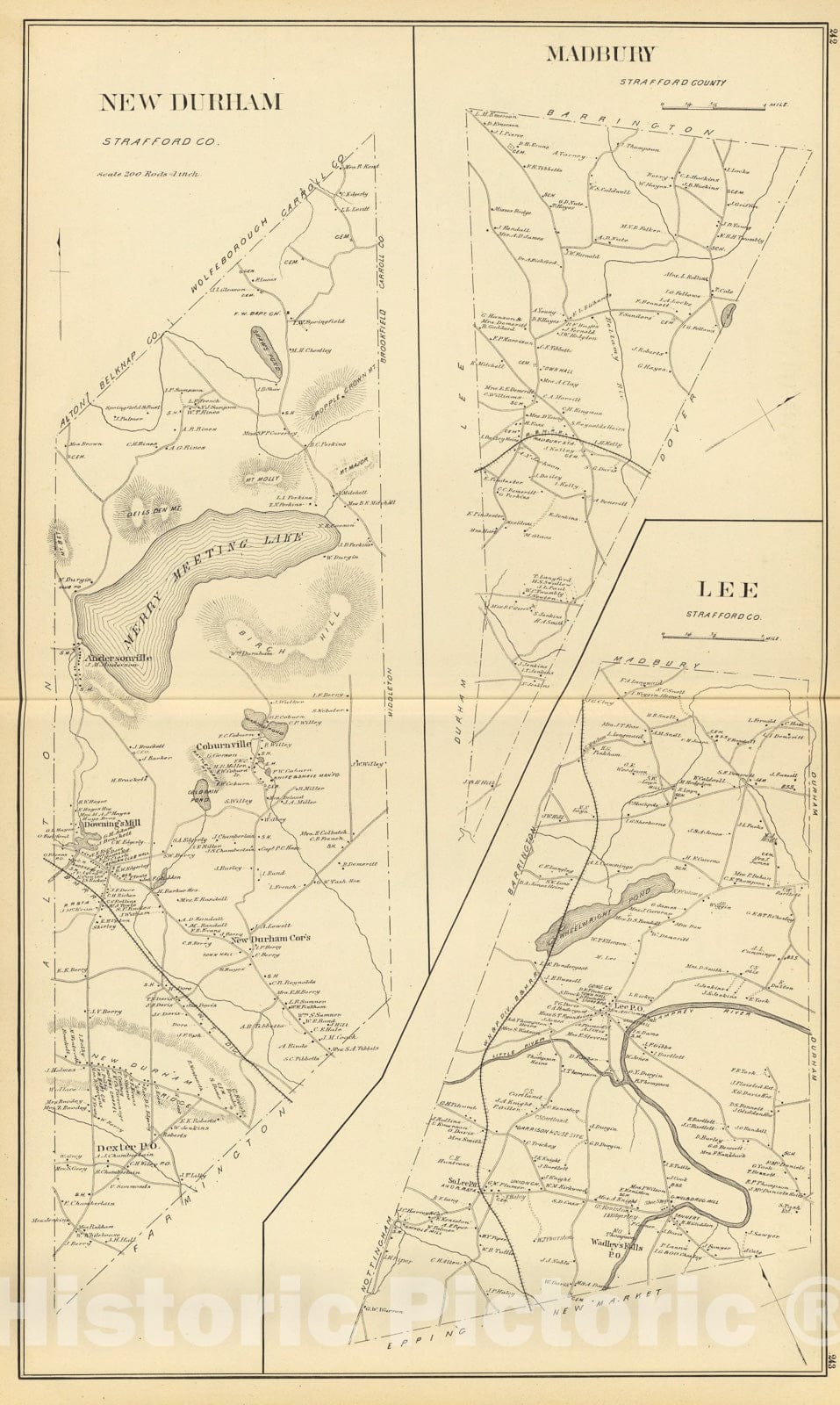 Historic Map : New Durham, Strafford Co., 1892, Vintage Wall Art