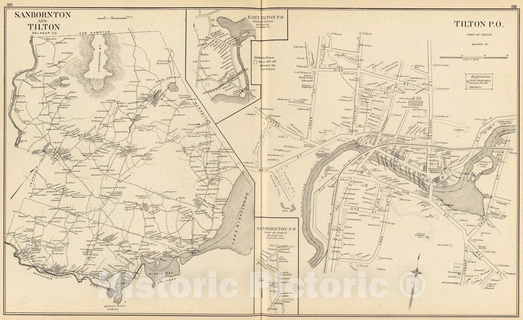 Historic Map : Tilton P.O., Sanbornton, Tilton., 1892, Vintage Wall Art