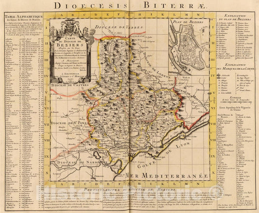 Historic Map : Diocese de Beziers., 1742, Vintage Wall Art