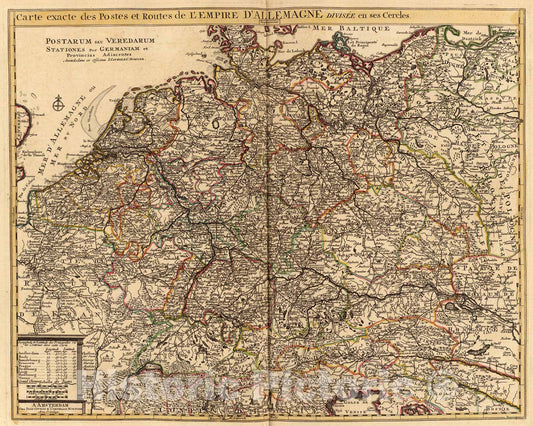 Historic Map : Carte exacte des postes et routes de l'Empire d'Allemagne divisee en ses cercles., 1742, Vintage Wall Art