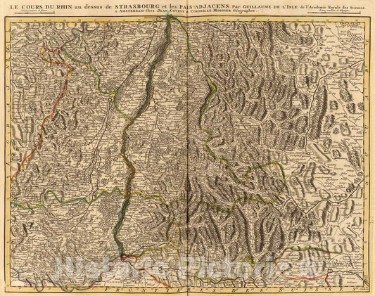 Historic Map : Le Cours du Rhin au dessus de Strasbourg, les Pais adjacens., 1742, Vintage Wall Art