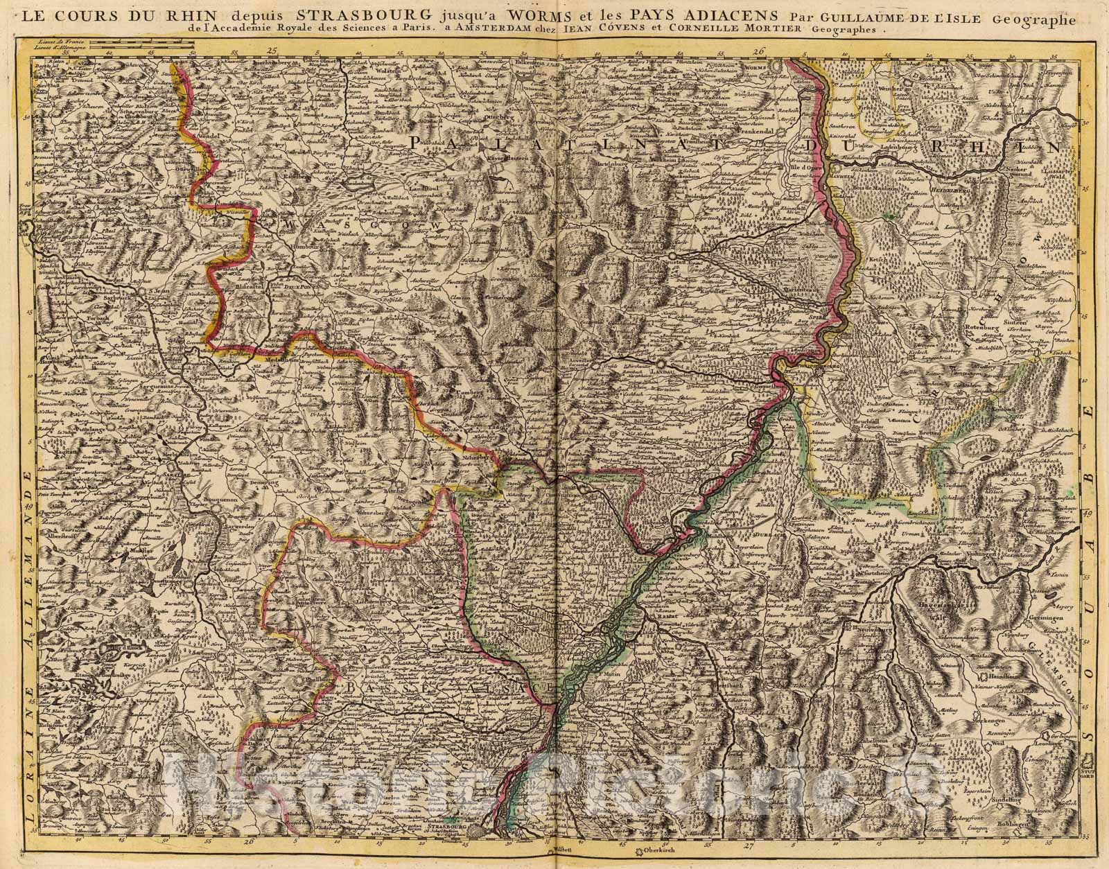 Historic Map : Le Cours du Rhin depuis Strasbourg, jusqu'a Worms et le pays adjacens., 1742, Vintage Wall Art
