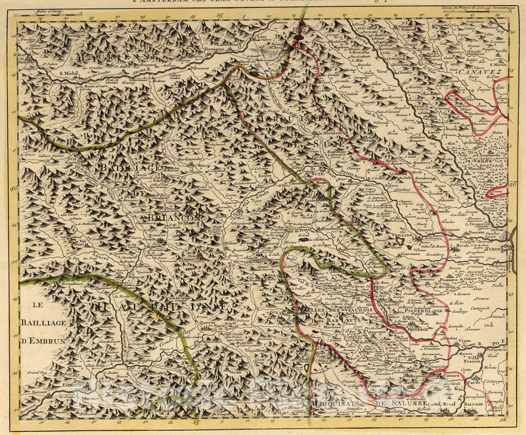 Historic Map : Source du Po, France-Piemont., 1735, Vintage Wall Art