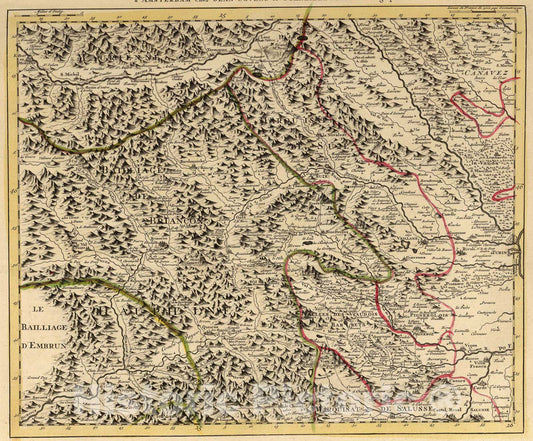 Historic Map : Source du Po, France-Piemont., 1735, Vintage Wall Art