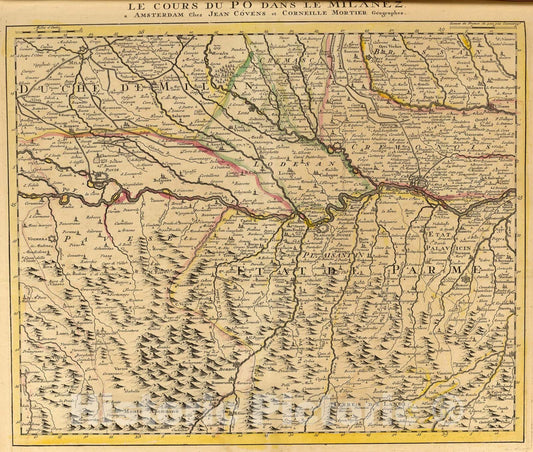 Historic Map : Cours du Po, Milanez., 1735, Vintage Wall Art