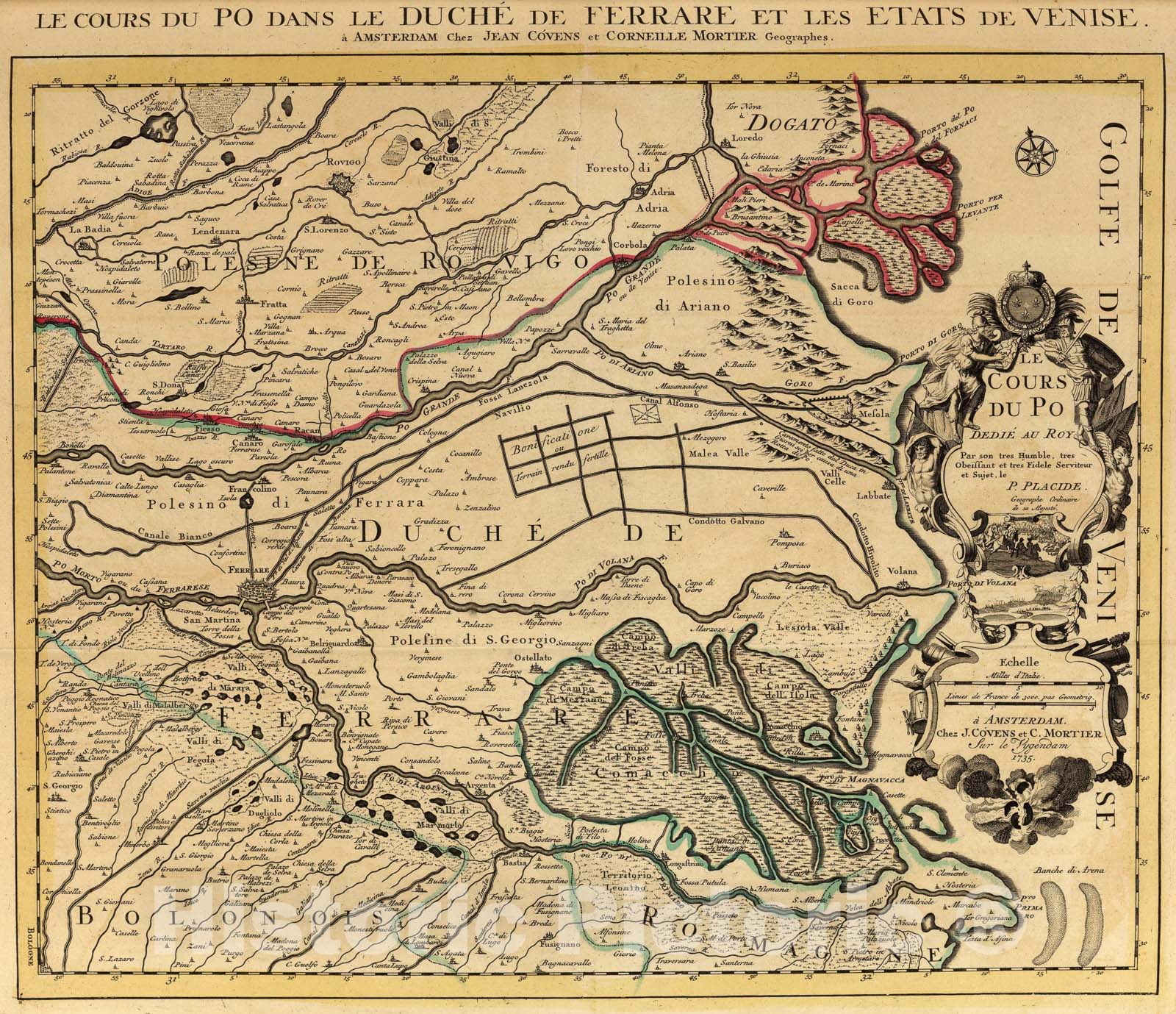 Historic Map : Cours du Po, Ferrare-Venise., 1735, Vintage Wall Art