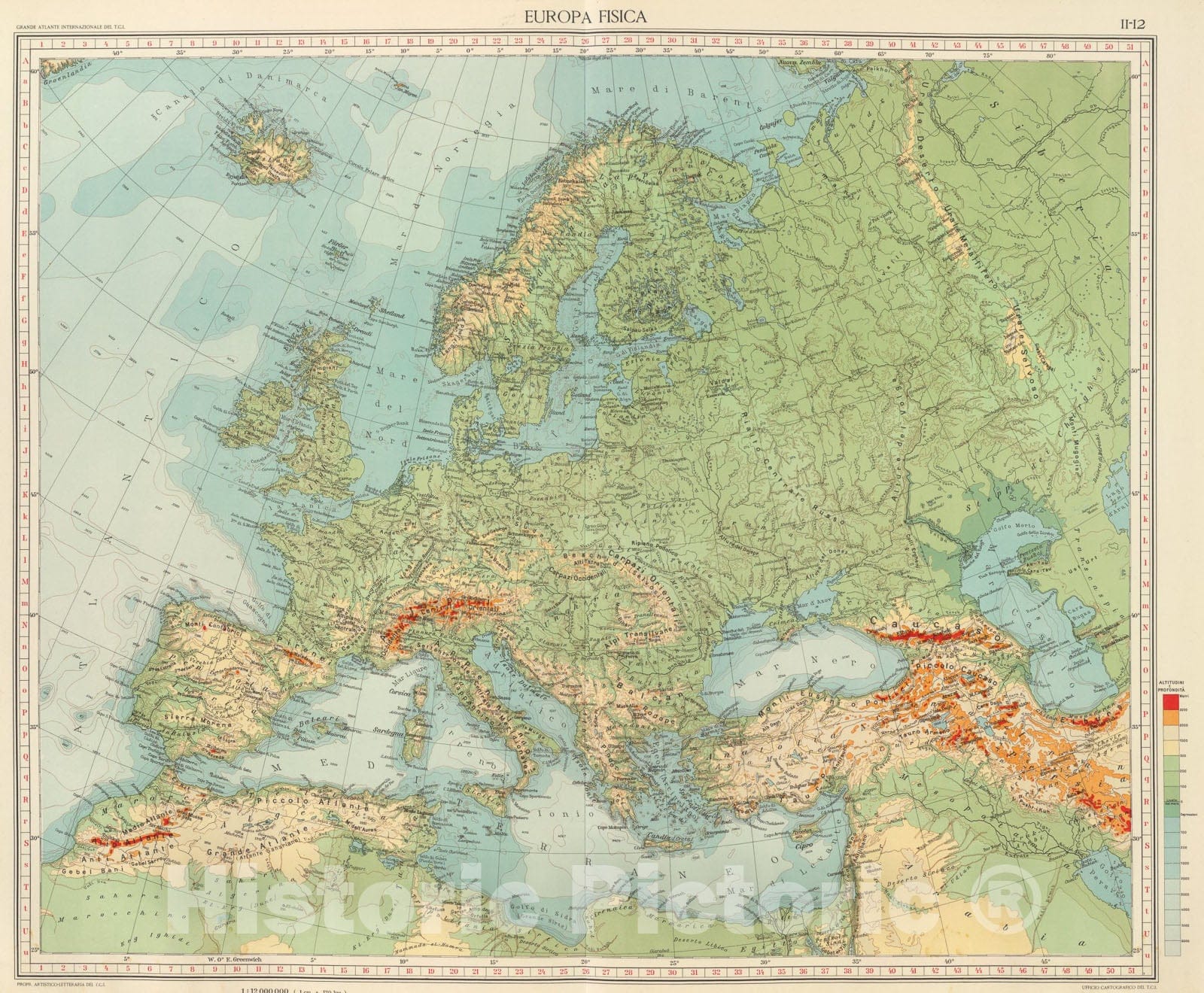 Historic Map : 11-12. Europa fisica., 1929, Vintage Wall Art