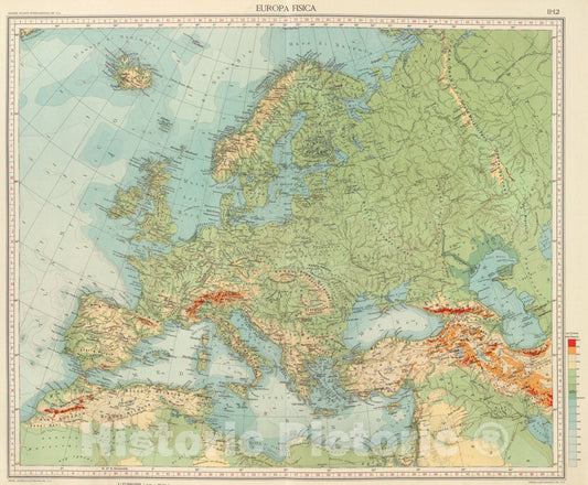 Historic Map : 11-12. Europa fisica., 1929, Vintage Wall Art