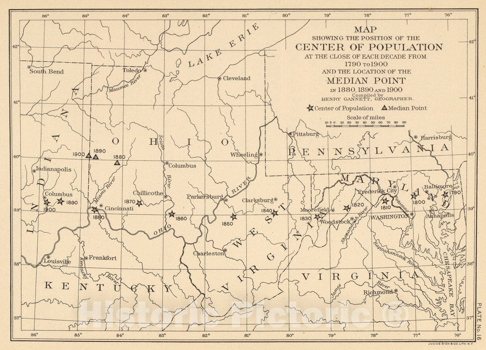 Historic Map : 16. Center of population 1790-1900., 1903, Vintage Wall Art