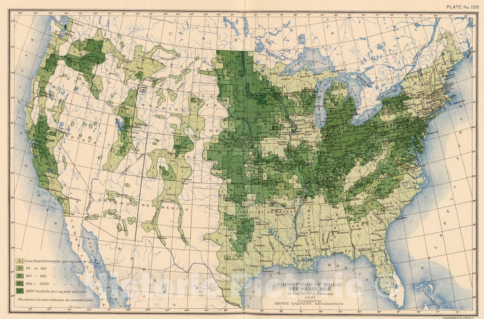 Historic Map : 156. Wheat/sq. mile., 1903, Vintage Wall Art