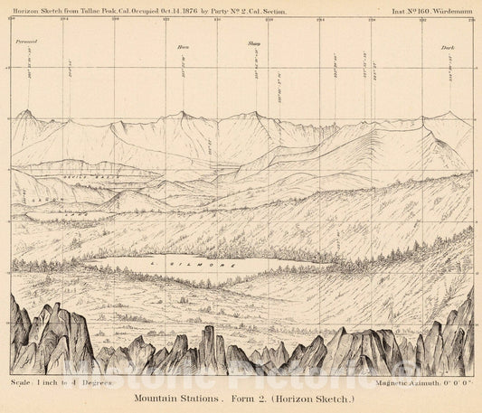 Historic Map : Horizon sketch from Tallac Peak, Cal., 1889, Vintage Wall Art