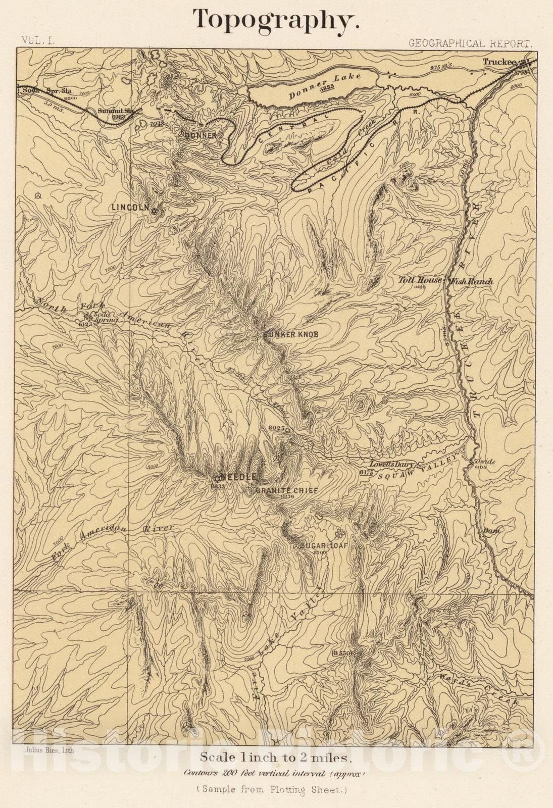 Historic Map : Topography (Truckee-Donner Pass Region, California), 1889, Vintage Wall Art